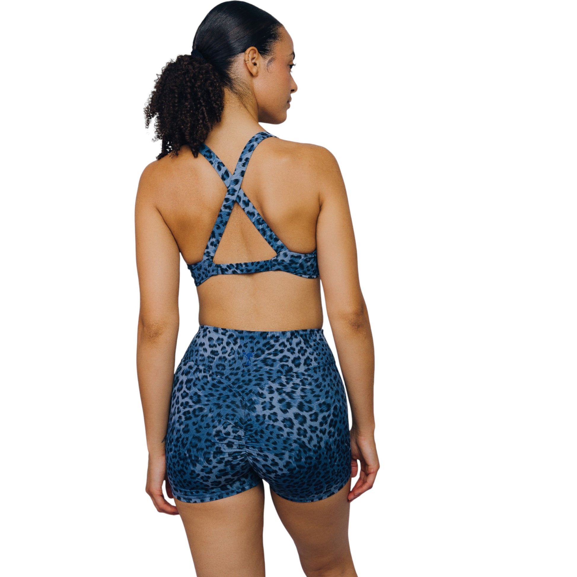 Bella Bike Short Set in Blue Leopard Print – Breathable Flexible Activewear for Gym & Yoga | L'enigme