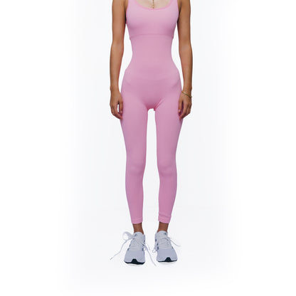 Isabela One Piece Yoga Jumpsuit Pink – Four-Way Stretch Breathable One-Piece Full View | L'enigme