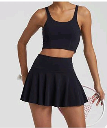 Kelly Tennis Skirt Set in Black – Available in Black, Brown & Pink, Feminine Flared Activewear Set | L'enigme
