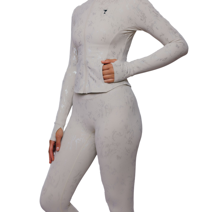 Lora Jacket – Embossed Zip-Up Performance Jacket with High Collar & Thumbhole Sleeves | L'enigme