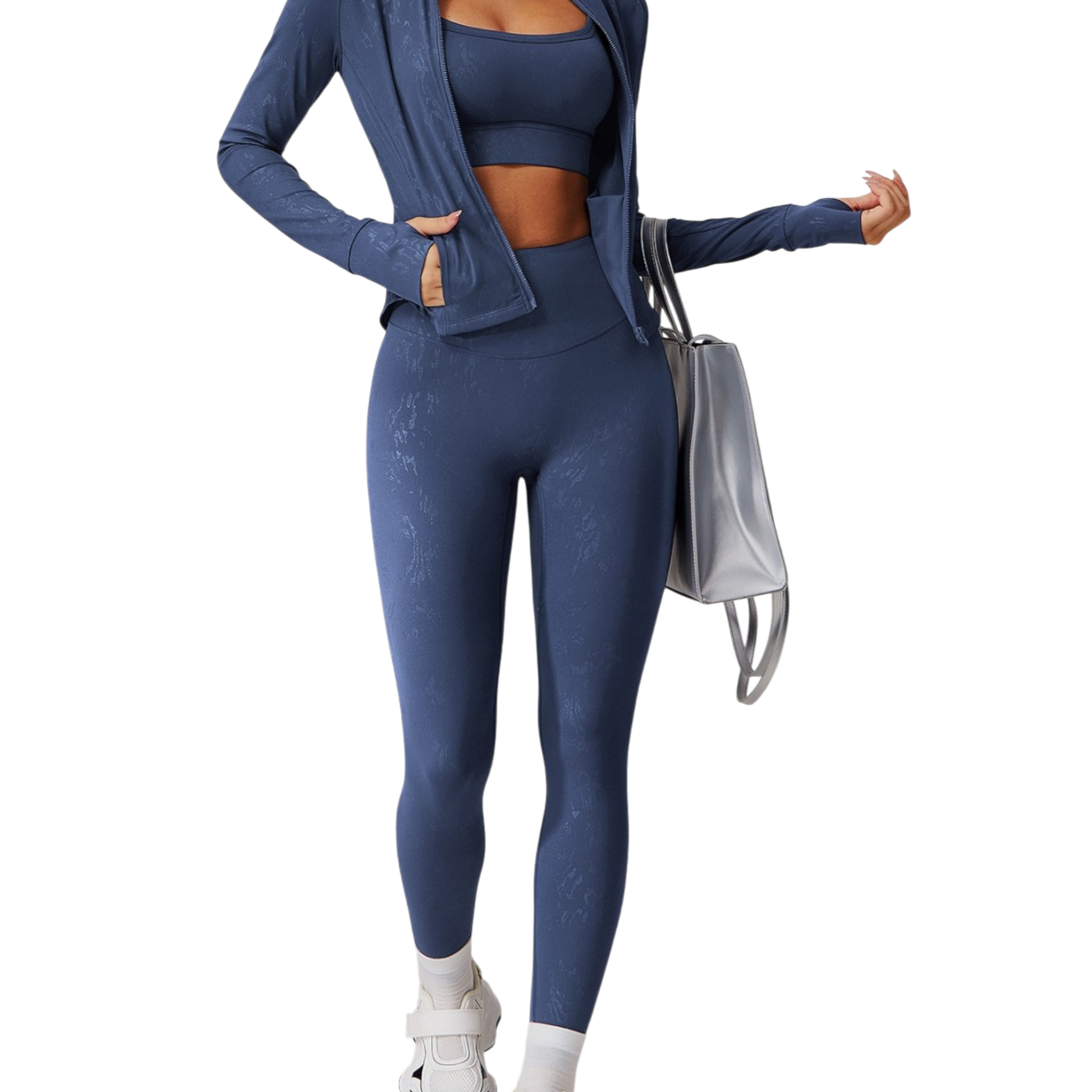 Lora Jacket – Second-Skin Embossed Performance Jacket Layered Over Sports Bra | L'enigme