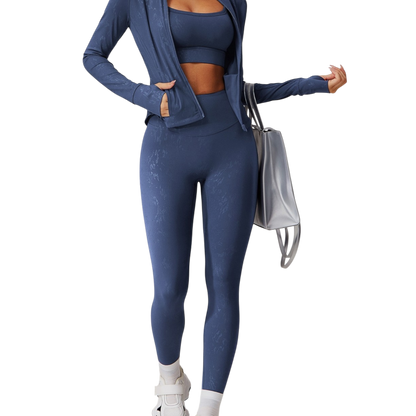 Lora Jacket – Second-Skin Embossed Performance Jacket Layered Over Sports Bra | L'enigme