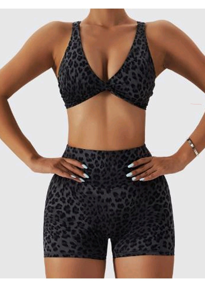 High waist Leopard print seamless shorts -set